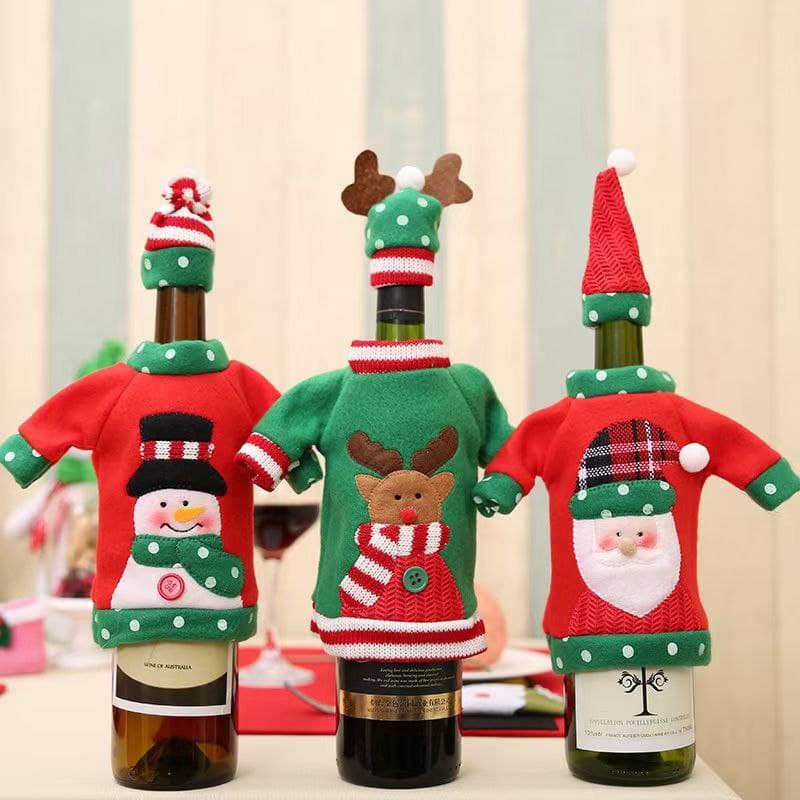 Sweater Christmas Wine Bottle Covers, Holiday Wine Bottle Cloth Cover with Hat for Christmas Party