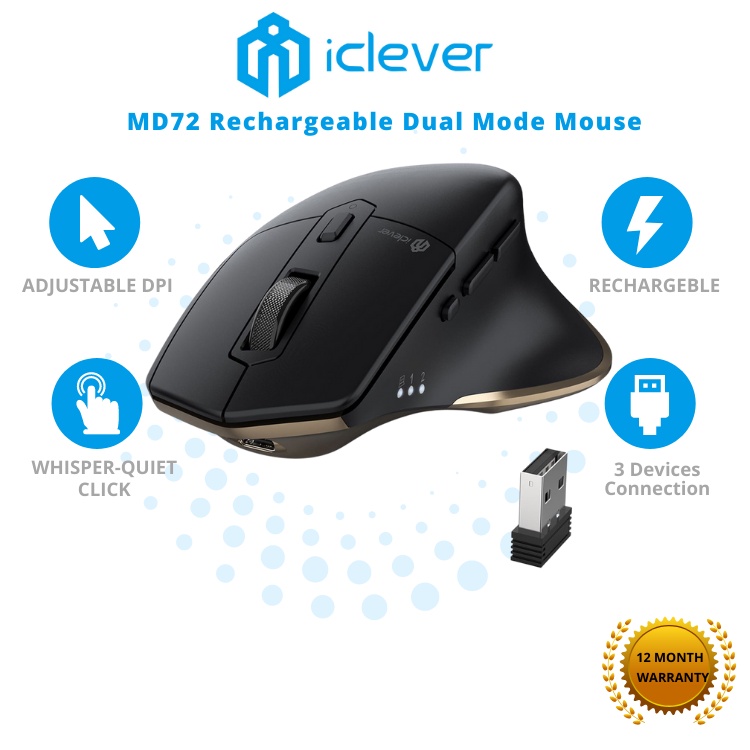 iClever MD172 Type C Rechargeable Wireless Mouse, Dual Mode, Bluetooth+2.4G, 5 Stage DPI, 3 Device Connections, 7 Keys