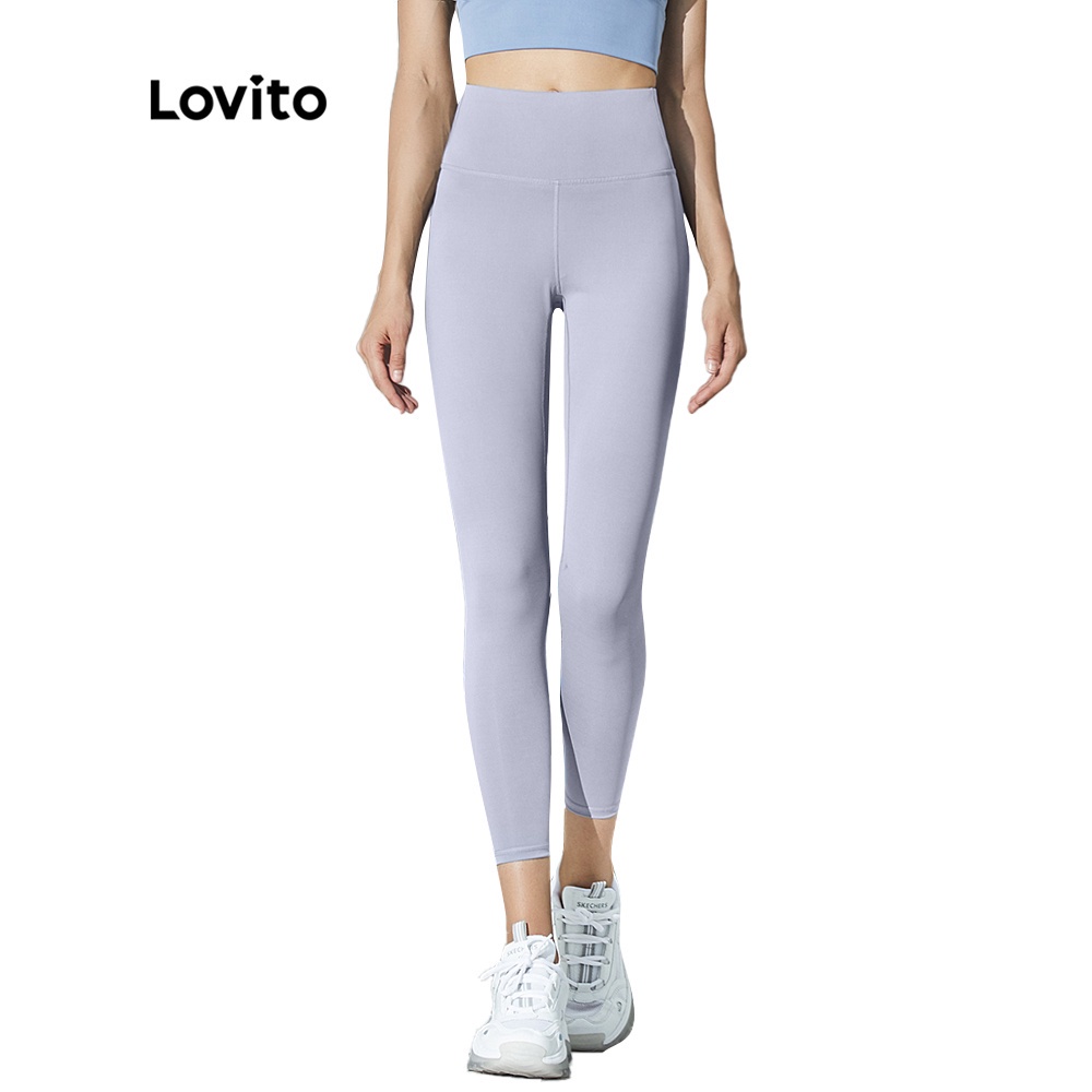 Lovito Summer Plain High Waist Sports Yoga Pants (Light Blue/Pink/Black/Dark Blue/Gray/Green/Purple) Musim Panas Polos Pinggang Tinggi Olahraga Yoga Celana L02044 (Biru Muda / Pink / Hitam / Biru Tua 
