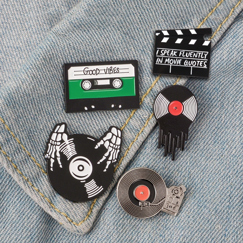 Rock Music Lovers Enamel Pin Cartoon Skeleton Hand Classic Vinyl Record Player Brooch Badges Lapel Pin Funny Party Jewelry Gift