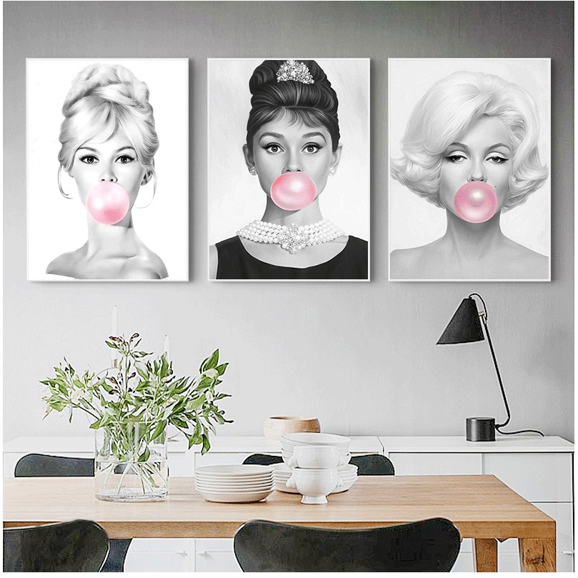 WDQTDW Stampa su Tela Audrey Hepburn Bubble Gum Wall Art Tela Moda Posters Brigitte Bardot & Marilyn Monroe Pittura Stampe Foto Home Decor 