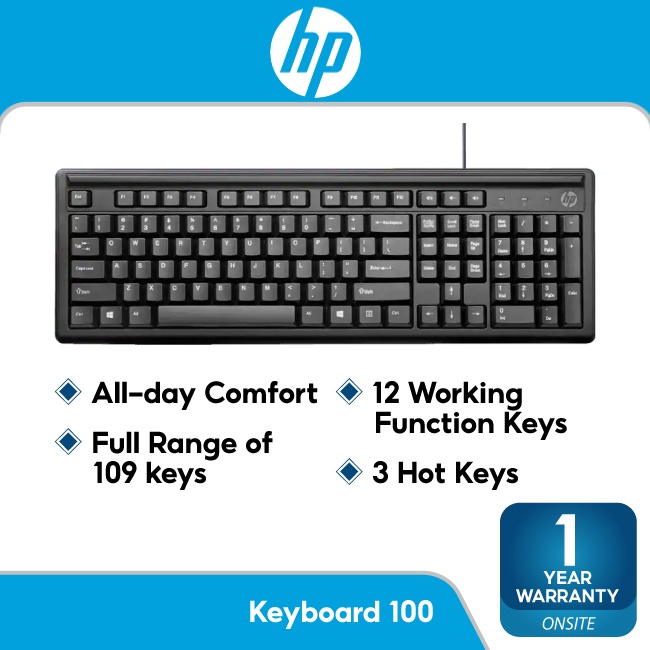 HP 100 Wired USB Keyboard - Plug n Play , 1 Year HP MALAYSIA Warranty