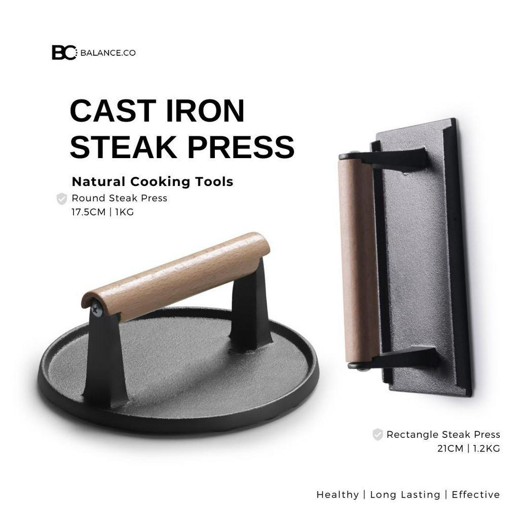 Balance.co Heavy Duty Cast Iron Grill Steak Press with Wood Handle Meat Burger Smasher BBQ Accessory