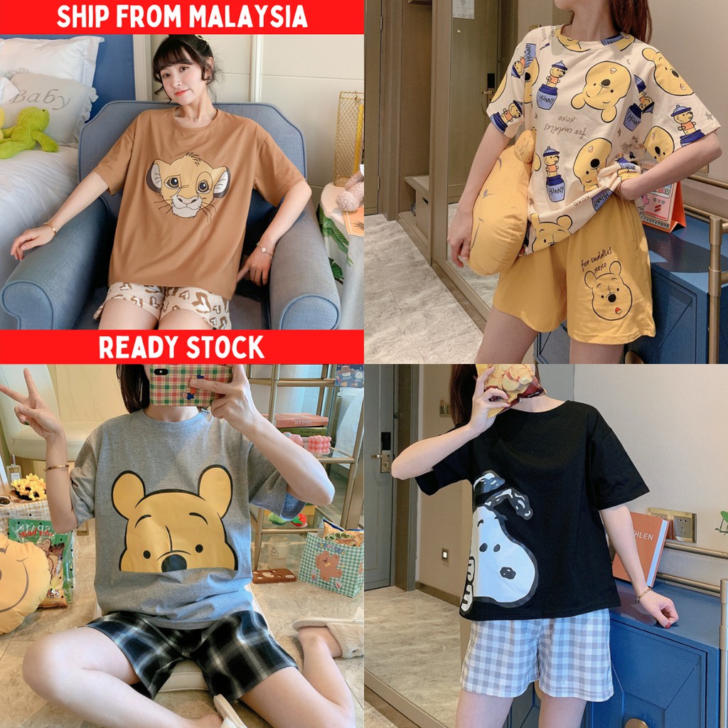 【TPS】Snoopy Winnie the Pooh Pyjamas Set Women Pajamas Comfortable Sleepwear Baju Tidur Selesa Pajama Set Short Sleeve Shorts Loungewear