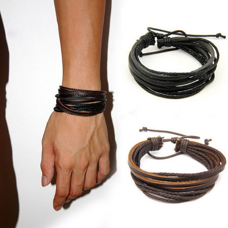 Men Women Multilayer Waxed Cord Genuine Leather Surfer Tribal Wrap Cuff Bracelet 