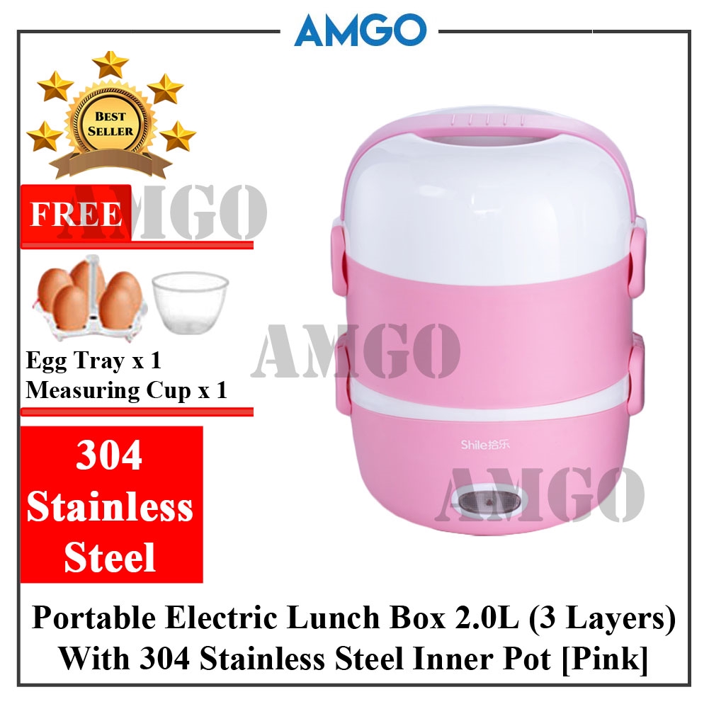 AMGO Shile 304 S.S Multi-Function 2L Triple Layers Electric Lunch Box Steam Reheat Mini Rice Cooker Cooking Pot [PINK]