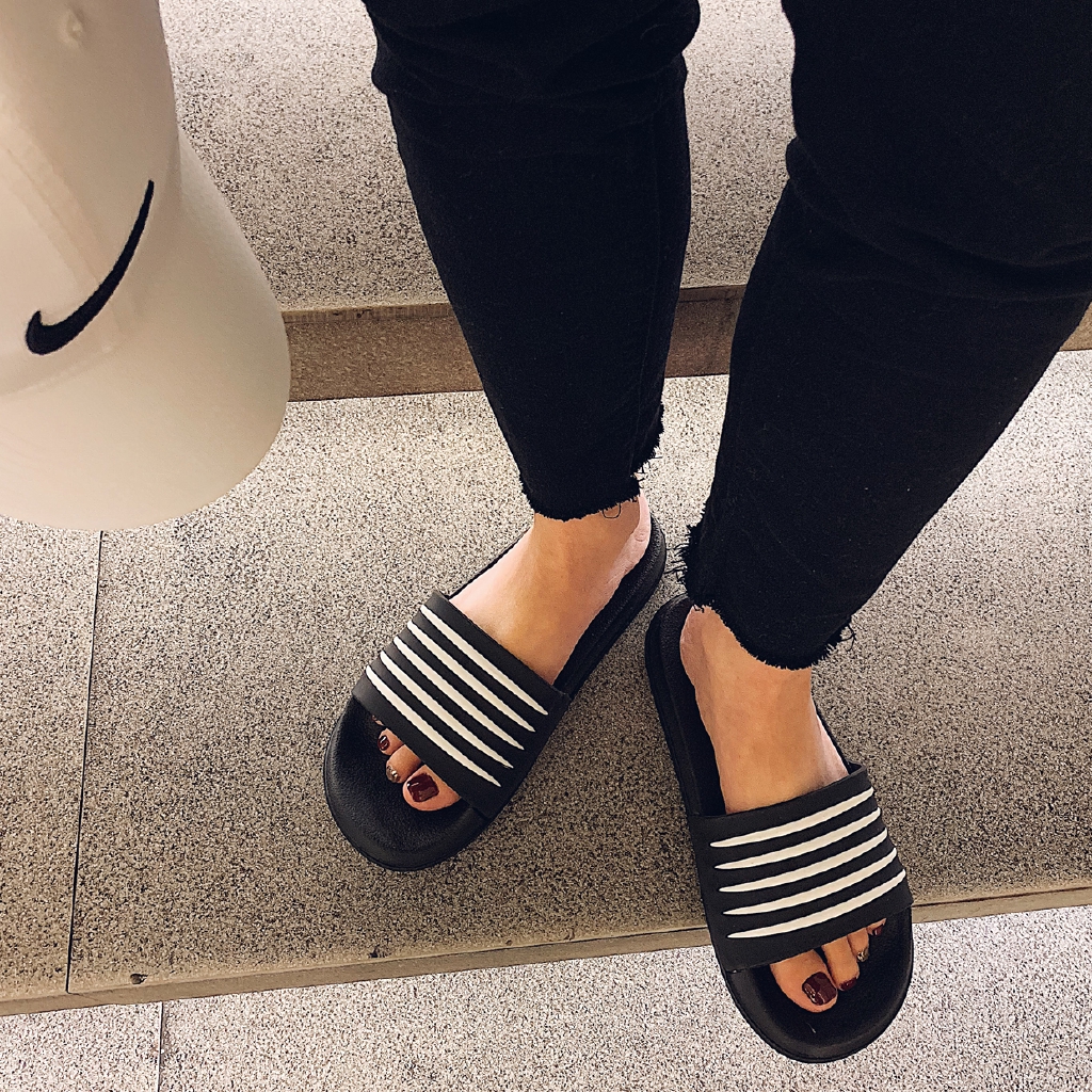 black and white striped slippers