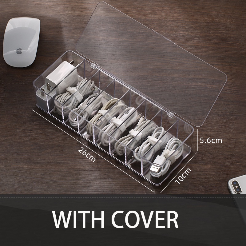 shopee: Locaupin Plastic Cable Management Box with Cover,Clear Power Cord Organizer with 8 Compartments, Electronics Organizer (0:0:TYPE:WITH COVER;:::)