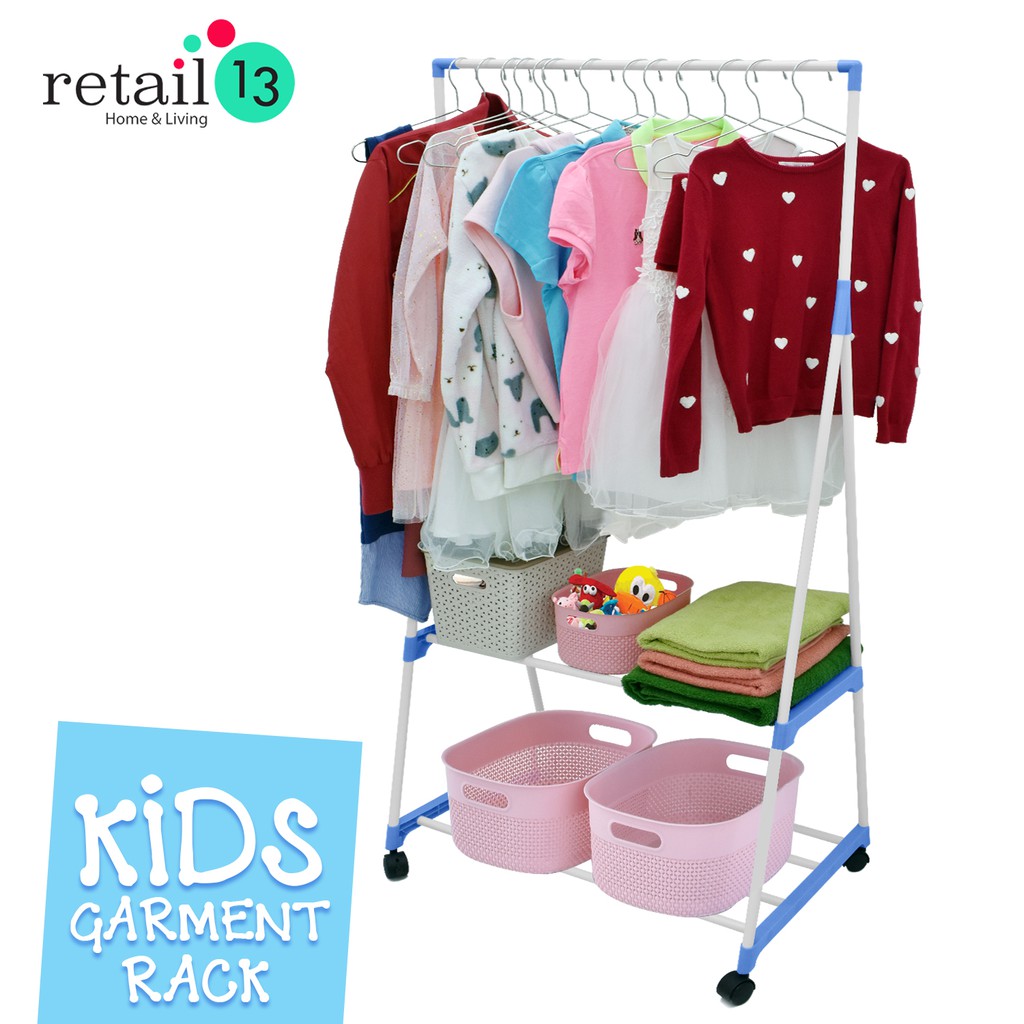 Kids Clothes Rack On Wheels Garment Rack With 2 Tier Storage