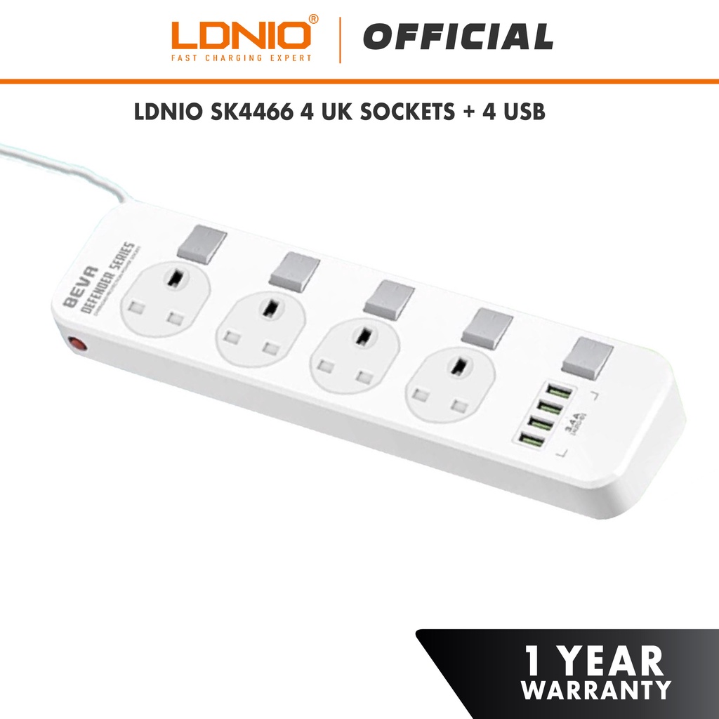 LDNIO SK4466 Defender Serires 3.4A 4 USB Ports + 4 UK Power Socket Desktop Extension Home Charger with 2M Cord