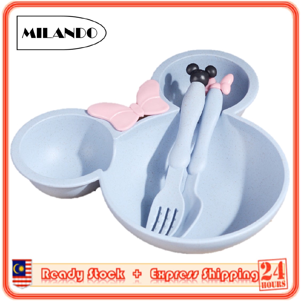 (3 Pcs) MILANDO Kid Children Dish Plate Set Mickey Feeding Spoon Fork Plate Eco Wheat Training Bowl Tableware (Type 5)