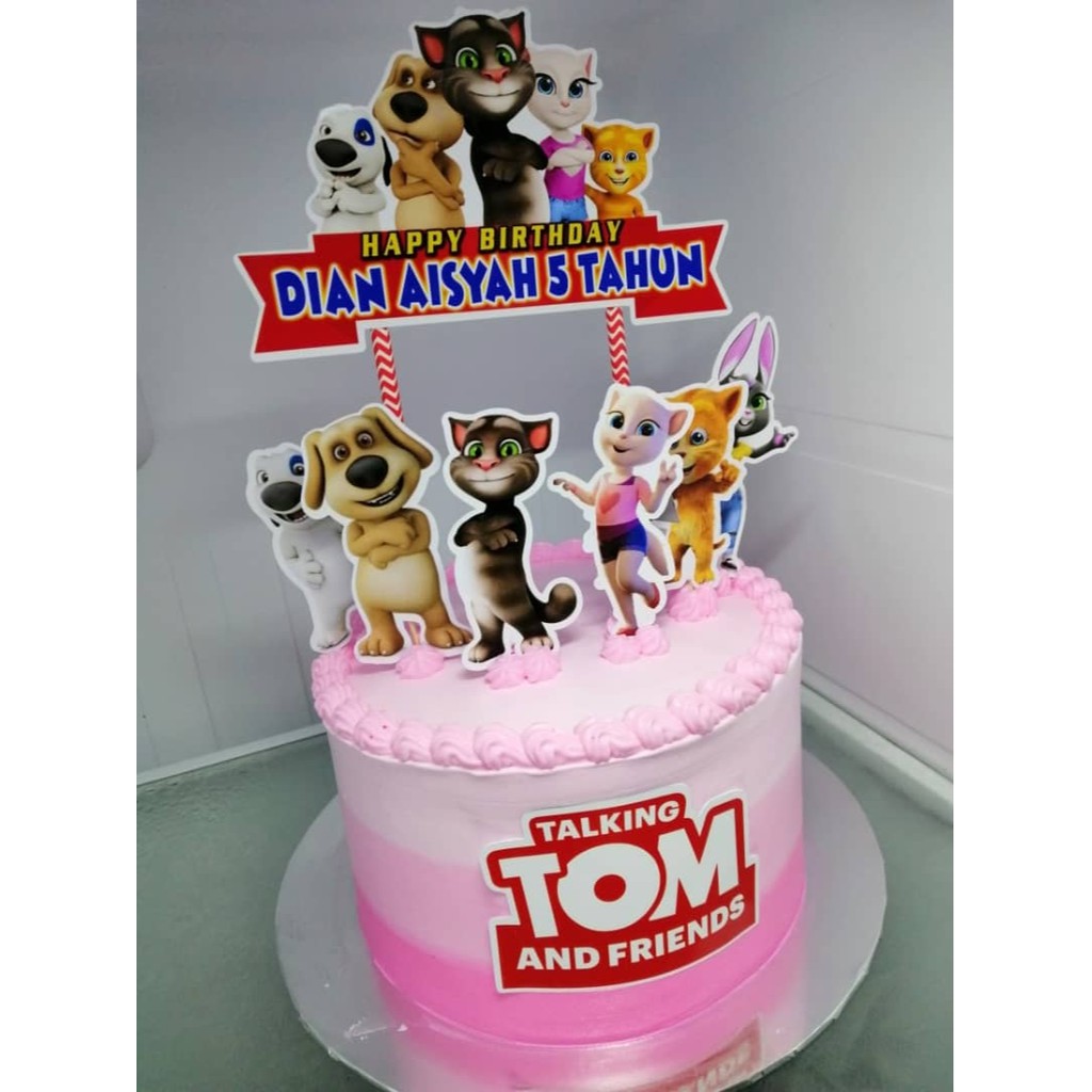 [CUSTOM NAME] Happy Birthday Cake Topper Talking Tom cat Decoration Set  Party Accessories Banner Hiasan Kek Design