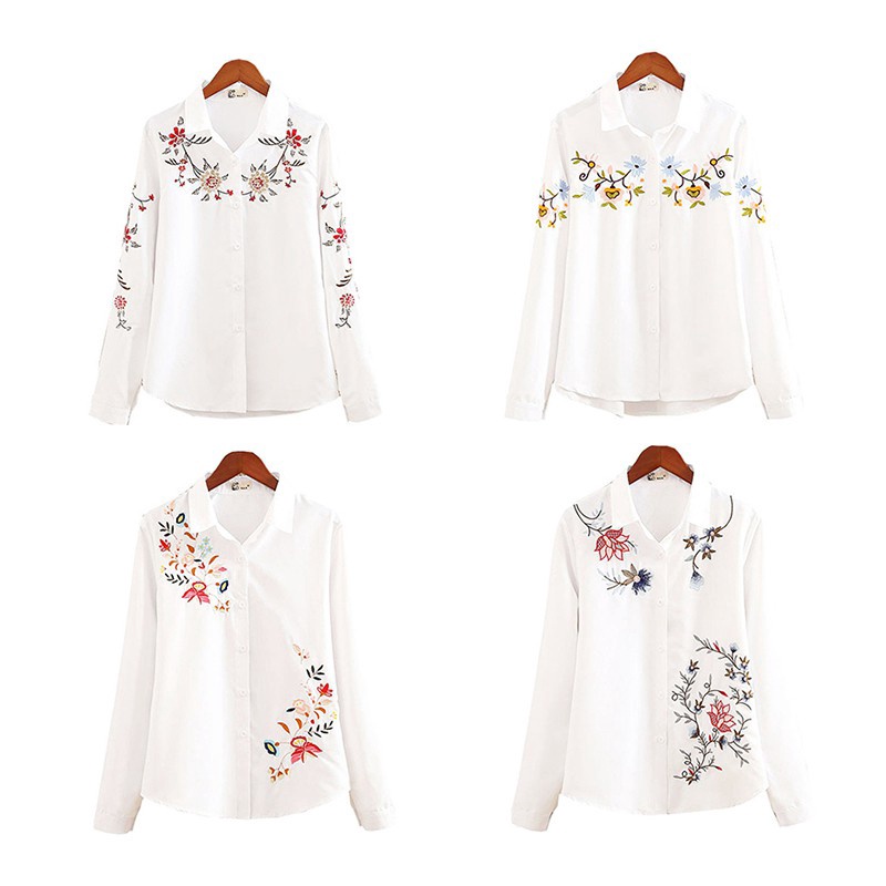 blouse women White Casual Tops blouse Women Long Sleeve Blouse Floral Embroidered Shirt