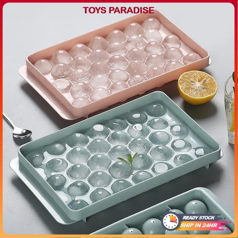 [MALAYSIA STOCK] Round Sphere Ice Cube Ball Mold Tray Maker with Lid 33 Grids Whiskey Wine Cocktail Beverages Food Grade