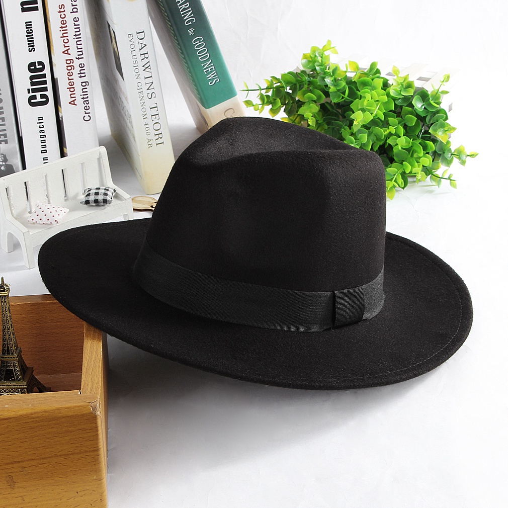 New Fashion Men Jazz British Retro Big Felt Fedoras Brimmed Hat Black Wool Felt Vintage Gentleman Hat Flat Edge Top Hat