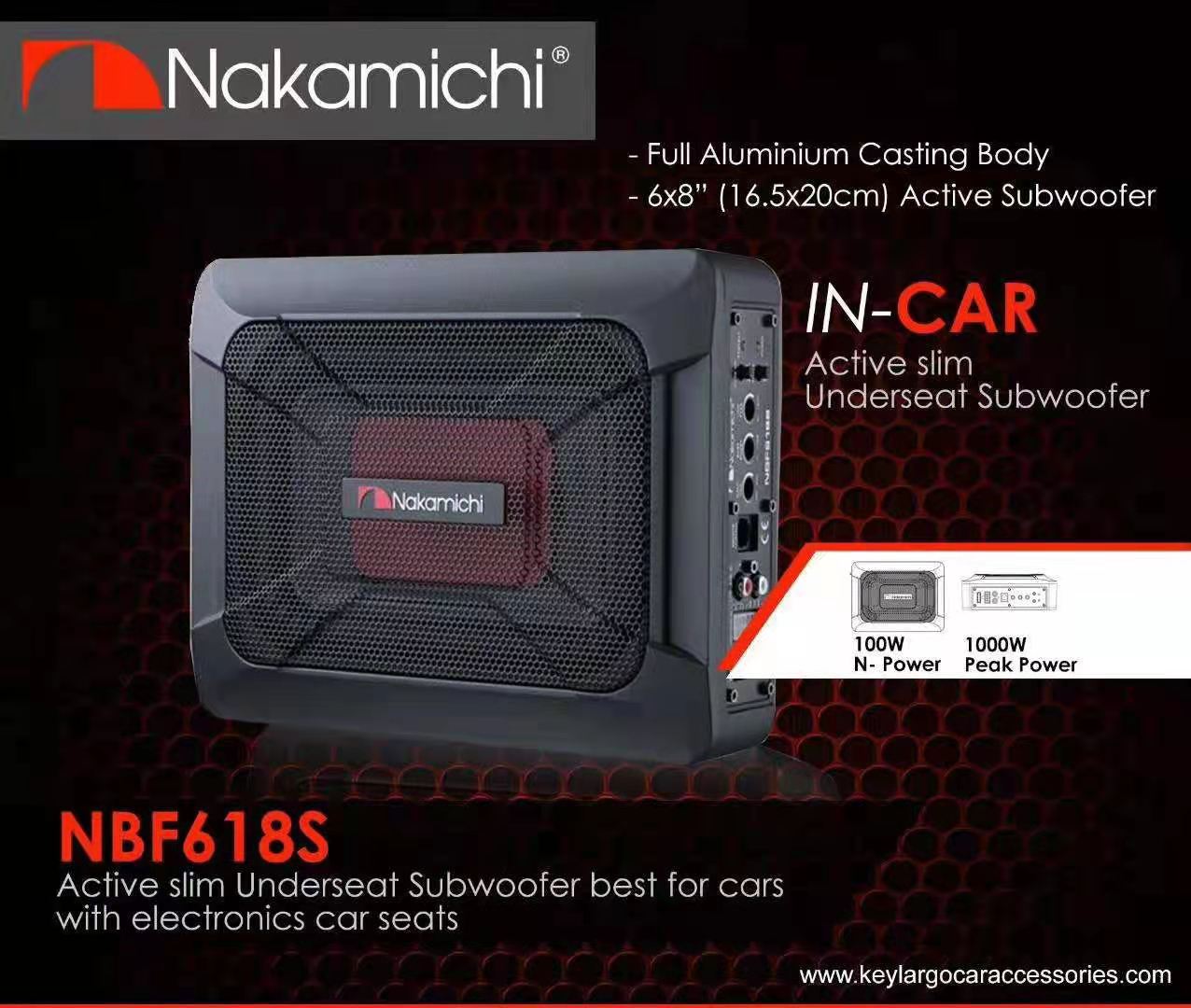 Nakamichi NBF618S 6x8" 1000W (100W RMS) Under Seat Active Subwoofer Best for Cars with Electronics Car Seats