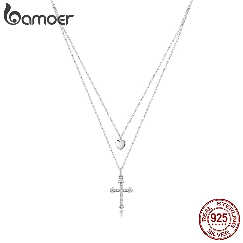 bamoer Sterling Silver 925 Cross with Heart Plated platinum CZ Pendant Necklace for Women Chain Necklaces Jewelry BSN197