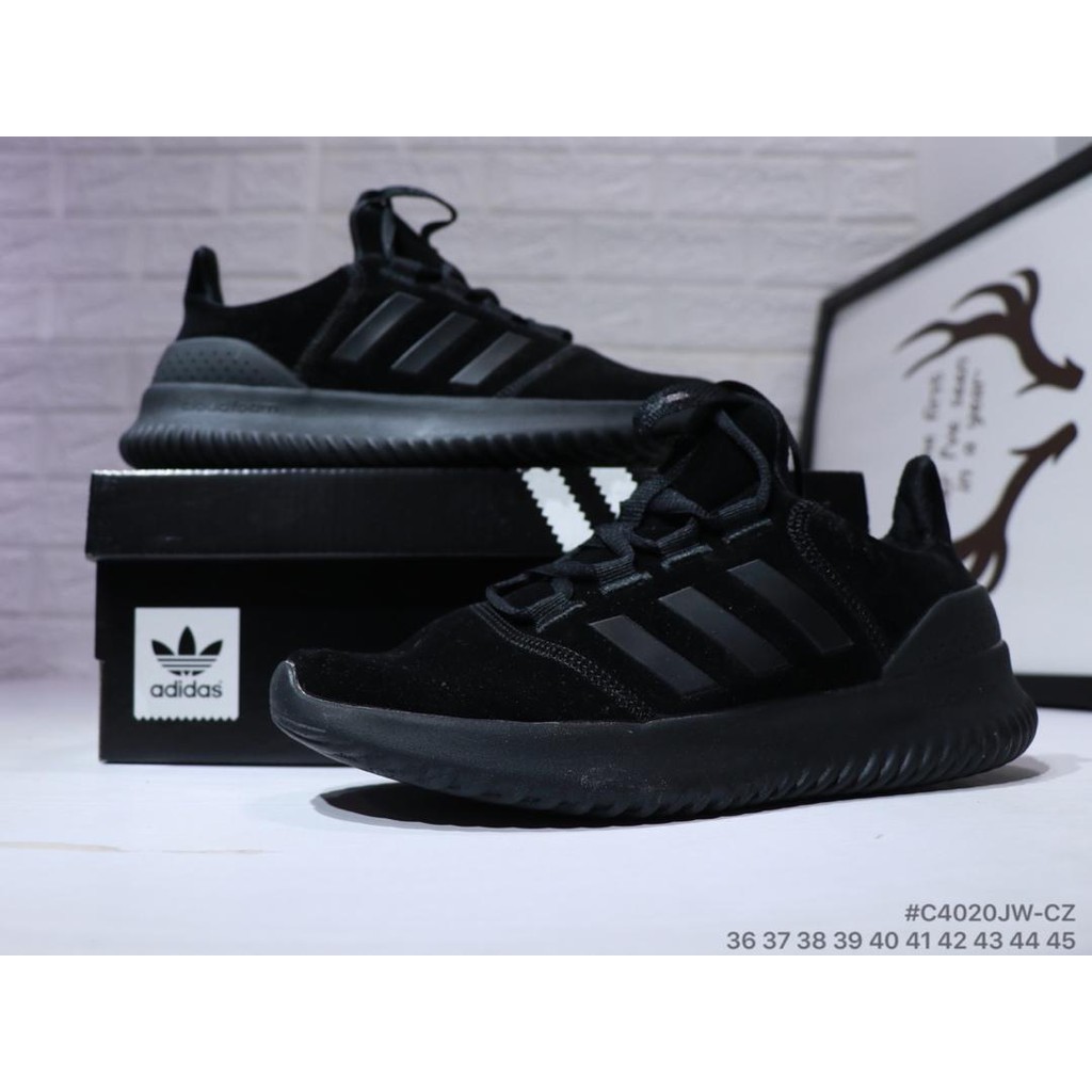 Adidas Neo Cloudfoam All Black leather soft bottom running shoes Sneakers Adidas Neo Cloudfoam All Black leather soft bottom running shoes Sneakers