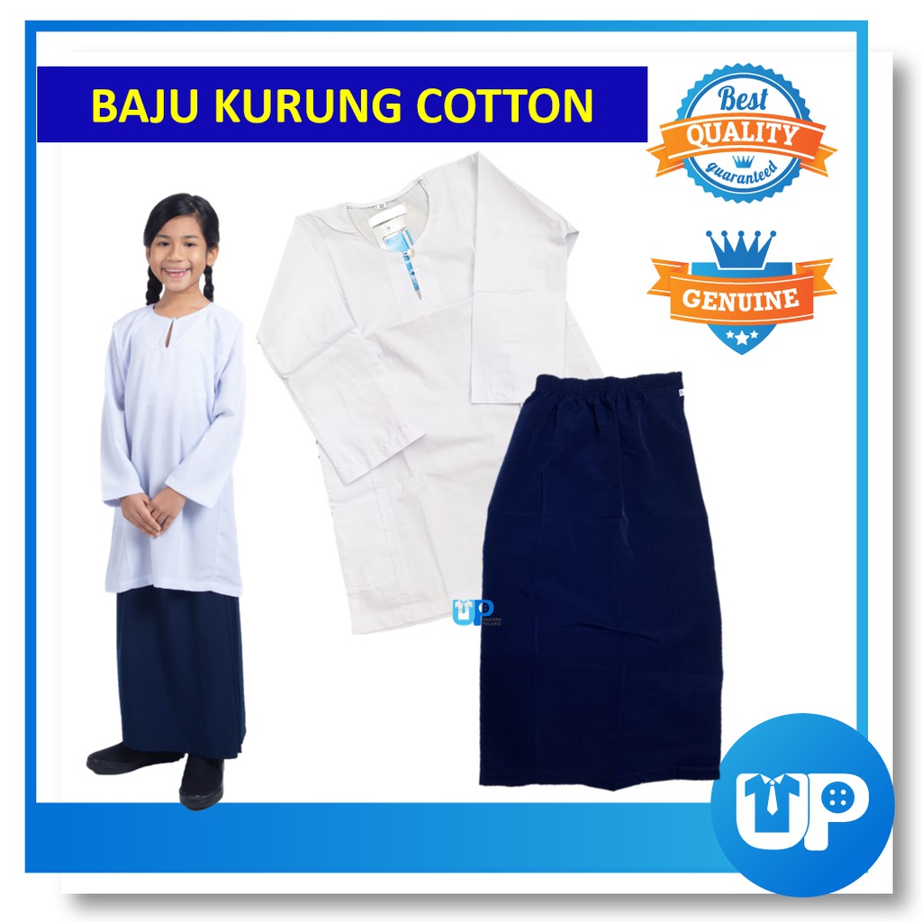 Baju Kurung Sekolah Rendah Cotton Sepasang Baju Kurung Putih Dan Kain Susun Biru Tua Licin Primary School Full Set