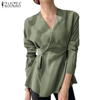 Image of ZANZEA Womens V Neck Long Sleeves Solid Color Elegant Irregular Hem Blouse