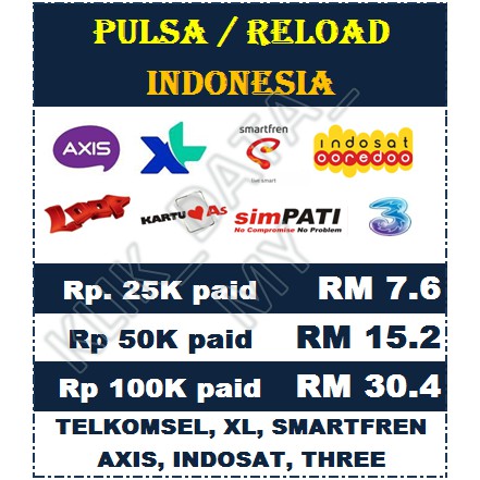 Indonesia Topup Reload Pulsa Telkomsel Xl Axis Indosat Three