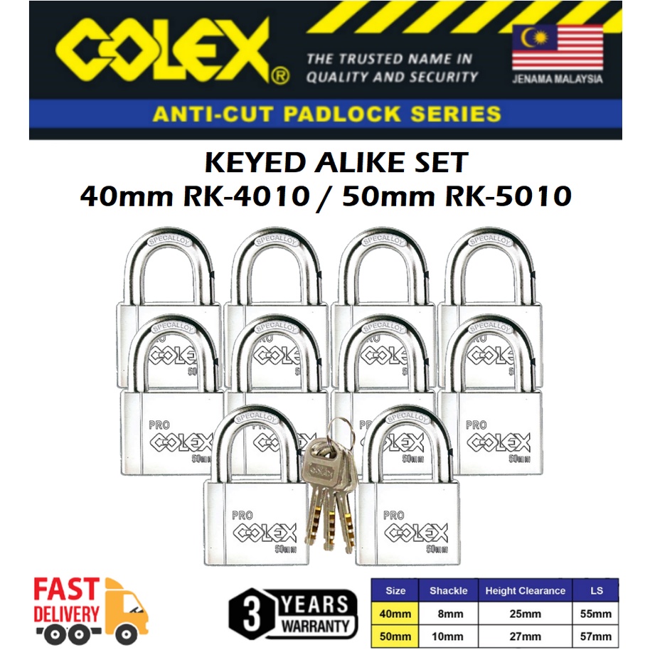 COLEX RK 10 pcs 40mm 50mm RK-4010 RK-5010 Anti-Cut Shackle Keyed Alike Set Kunci Mangga Rumah dll..