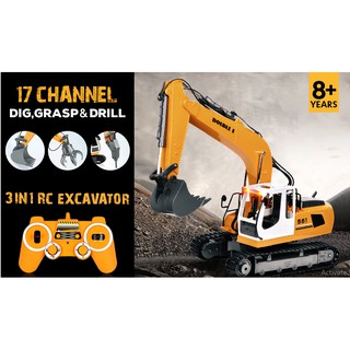 double e 17 channel full functional remote control truck metal shovel rc excavator with 2 bonus drill and grasp