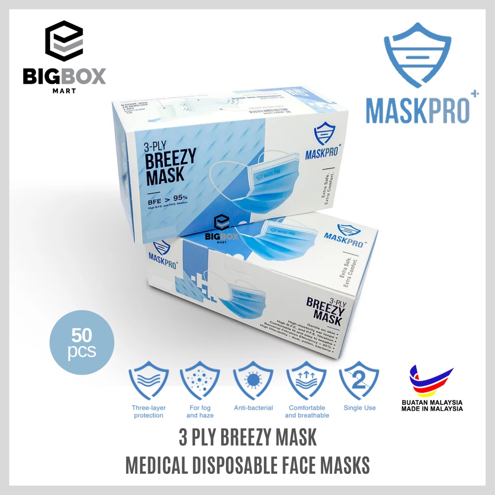 50pcs MaskPro Breezy 3Ply Extra Comfort Medical Grade Disposable Face