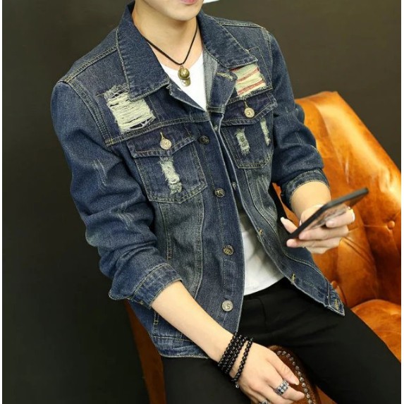 New Fashion Korean Men's Denim Jacket Hole Slim Jacket Student Jeans ...