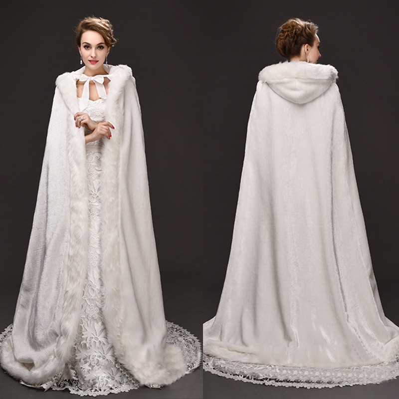 Long Bridal Cloak Artificial Fur Shawl Cape Winter Hooded Wedding