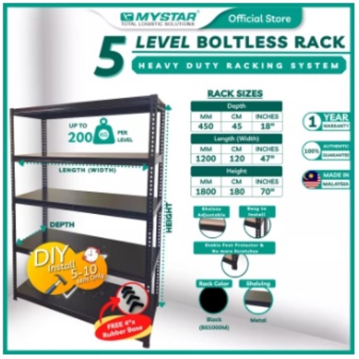 MYSTAR Boltless Rack BLACK 45 x 120 x 180 cm 5 Tier Rack 200Kg/L Metal