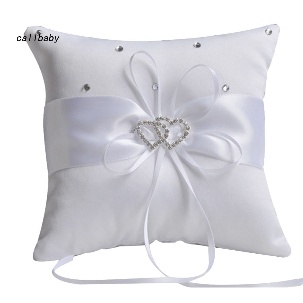 Livecitys 10x10cm Romantic Ring Pillow Bridal Wedding Ring Pillow Double Heart Ribbon Cushion Decor Blue 