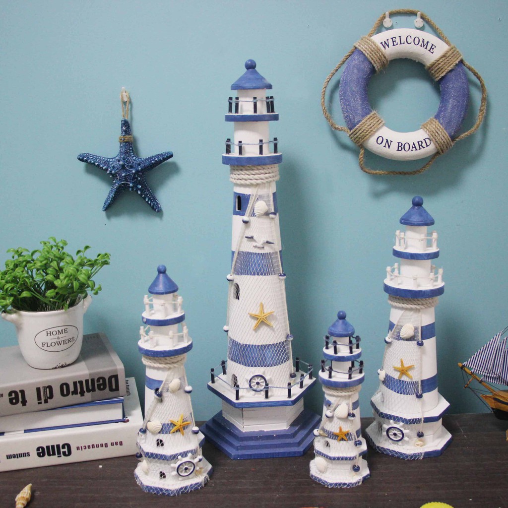 Stripe Lighthouse Simulation Model Mediterranean Wooden Handicraft Home Decorations Creativity Marine Style Decor Arts a