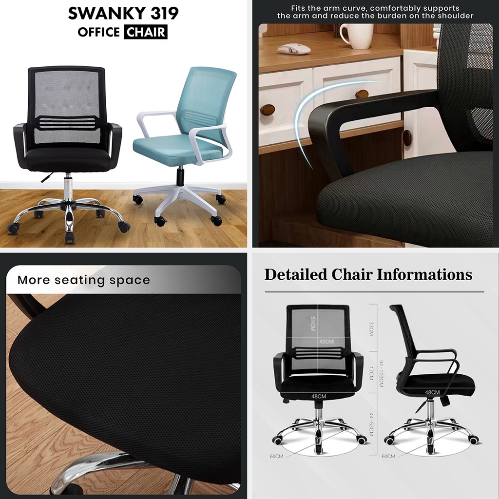 FINSSO: Swanky Breathable Mesh Mid-back Swivel Office Chair - Black Saddle