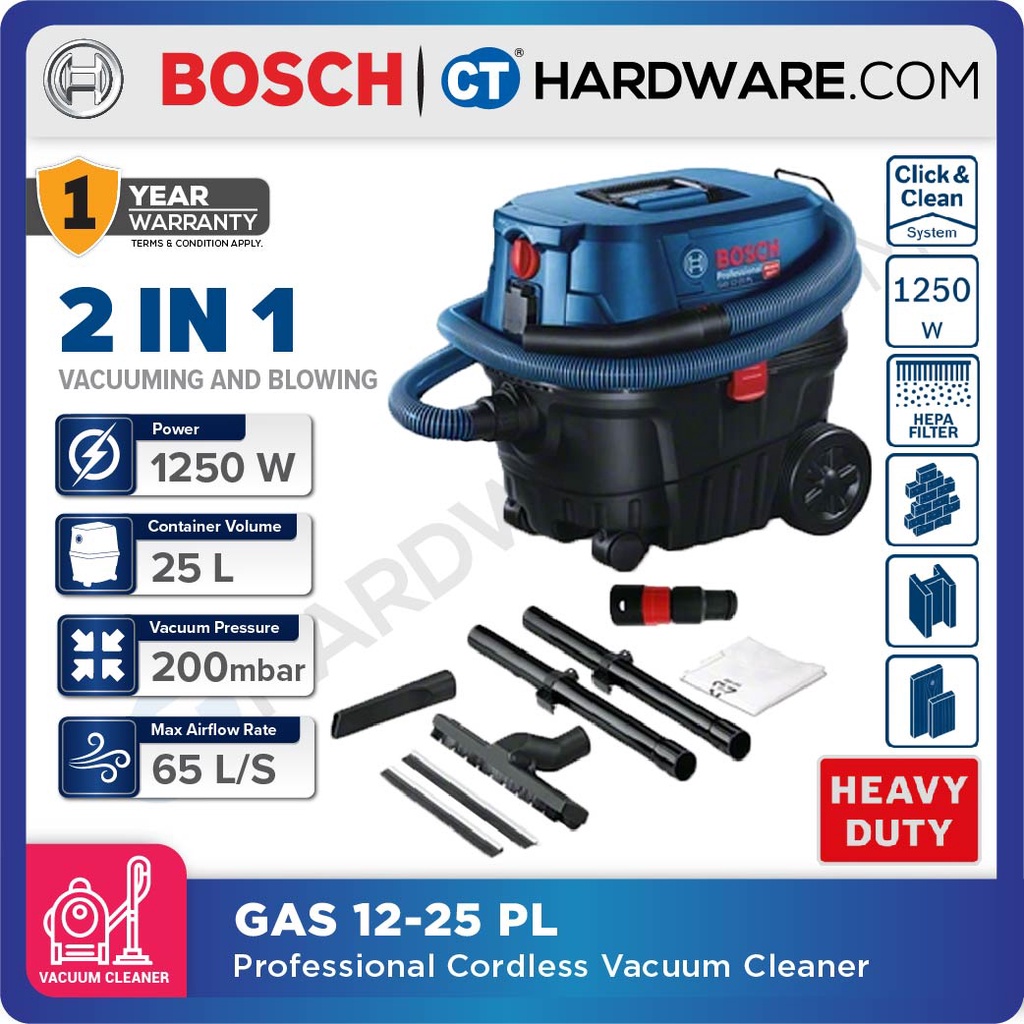 BOSCH GAS 1225 PL CORDED WET & DRY VACUUM CLEANER 25L 1250W 33L/SEC