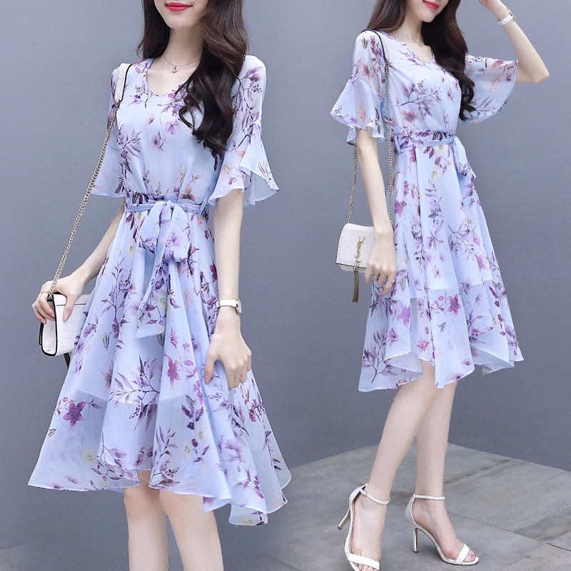 Ladies floral Chiffon Dress Short Sleeve A-Line Dress Women Casual Wear  Pakaian | Shopee Malaysia