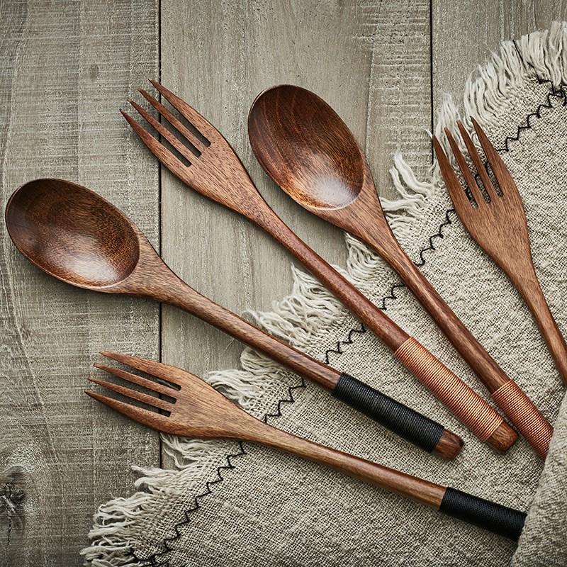 Simplelife 2Pcs/1 Set Natural Wooden Long Handle Anti-heat design Spoon Fork Set Kitchen Cooking Utensil Tableware Flatware-Brown 