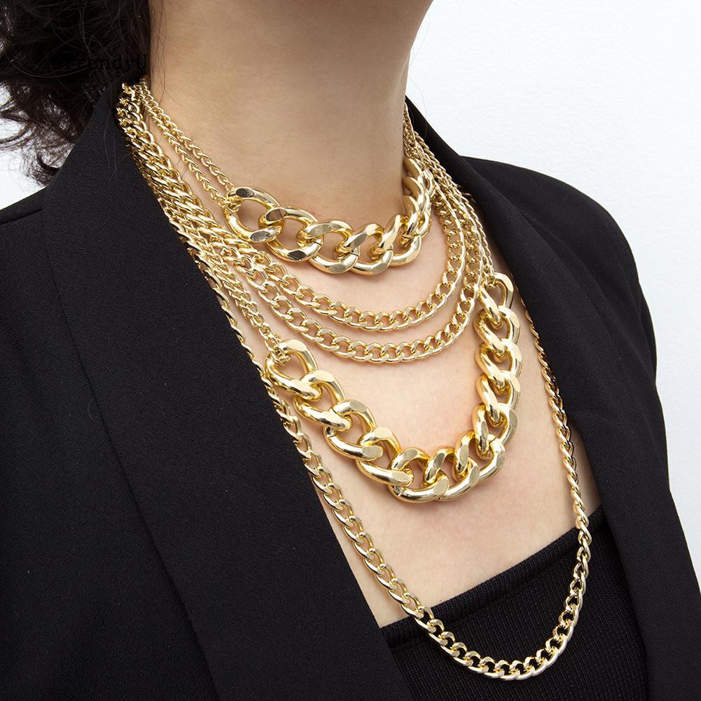 TDU_Punk Women Multi-layer Curb Chain Statement Necklace Rock Hip-hop Jewelry Gift