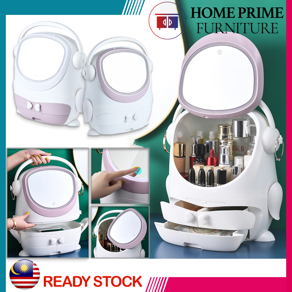 CO023 Penyusun Solek Gaya Penguin Lampu LED Storan Moden dan Kosmetik dengan Cermin, Storan Kosmetik (3 Laci)