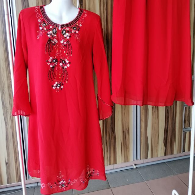 Prelove baju kurung moden manik warna merah | Shopee Malaysia