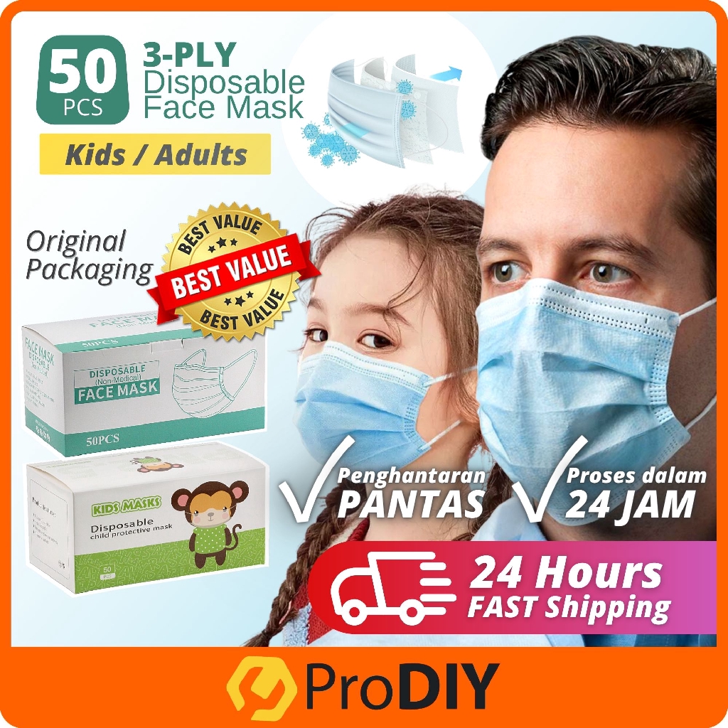 50pcs 3-PLY Disposable Face Mask 3 Layer Elastic Mouth Soft Breathable Flu Hygiene Topeng Muka ( Adult / Kids )