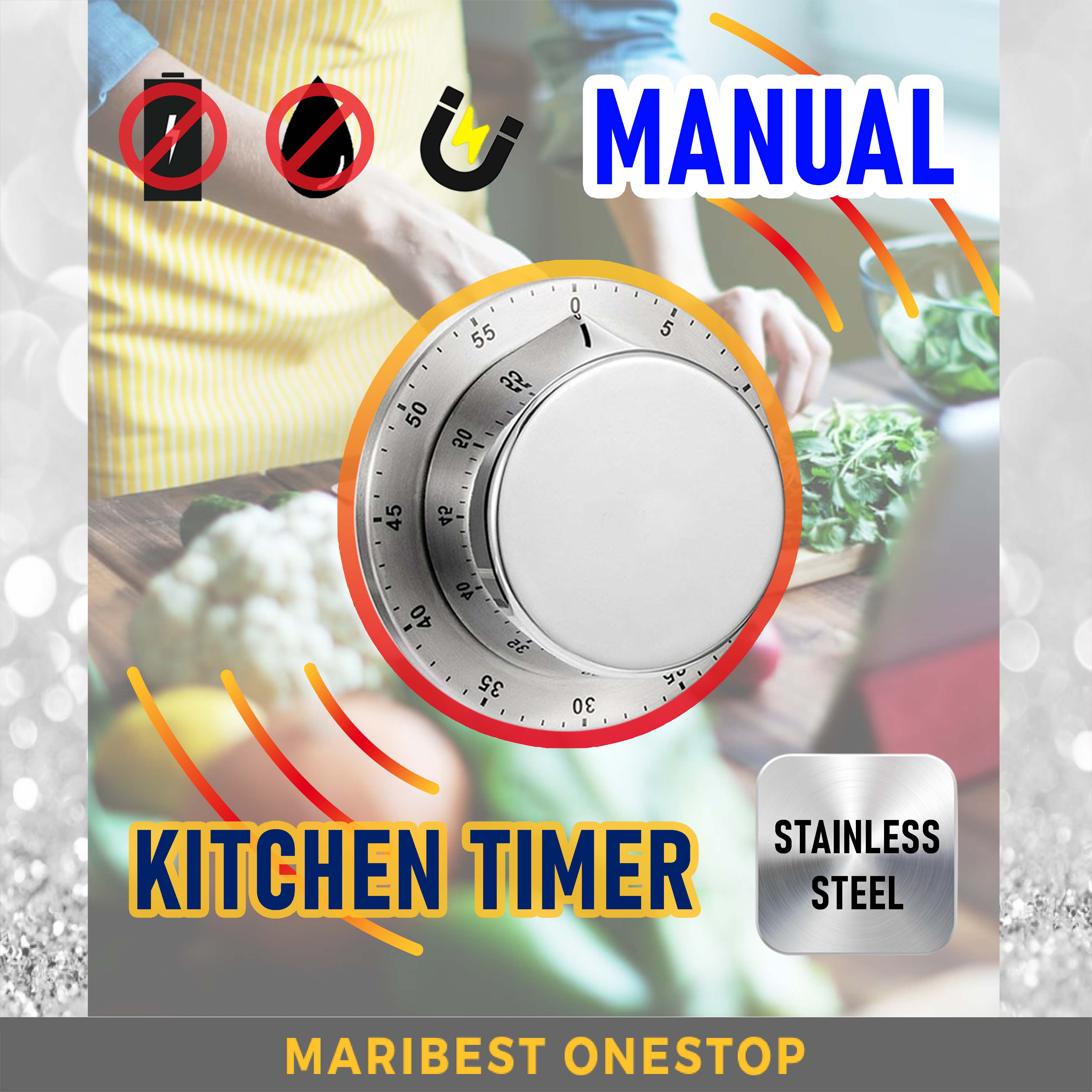 STAINLESS BASE STEEL KITCHEN TIMER COOKING TIMER MANUAL MAGNETIC COUNTDOWN NO BATTERY REMINDER LOUD ALARM MECHANICAL