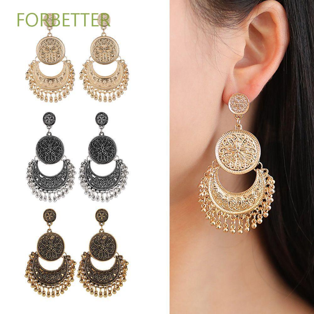 FORBETTER Classic Drop Earrings Indian Small Bells Dangle Earring Carved Flower Jewelry Boho Hollow Out Crescent Ethnic Vintage Tassel/Multicolor