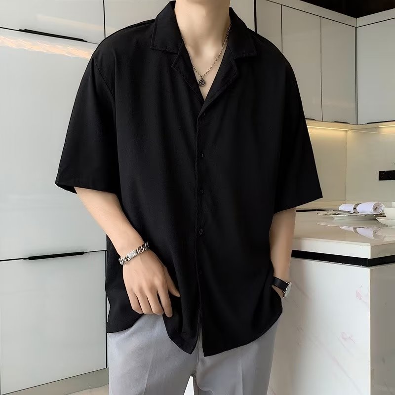 Cod] M-2XL Men's Short Sleeve Shirt Plain Korean Style Casual Summer Loose  All-match Shirt Lapel V-Neck Polo Cool Breathable Elastic Fabric Shirts  kemeja baju lelaki | Shopee Malaysia