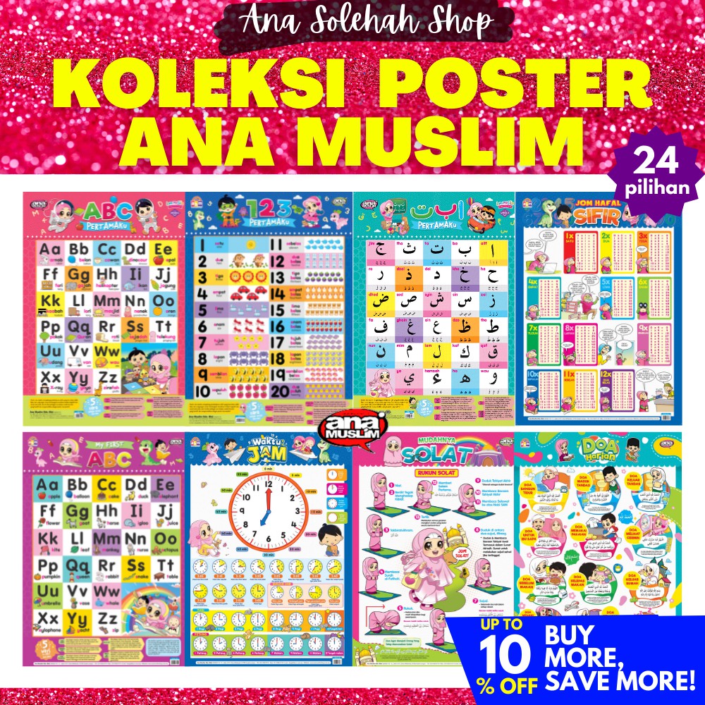 KOLEKSI LENGKAP POSTER ANA MUSLIM (PENDIDIKAN PRASEKOLAH - ABC | 123 | JAWI | DOA | SOLAT | ALIF BA TA | ARAB)