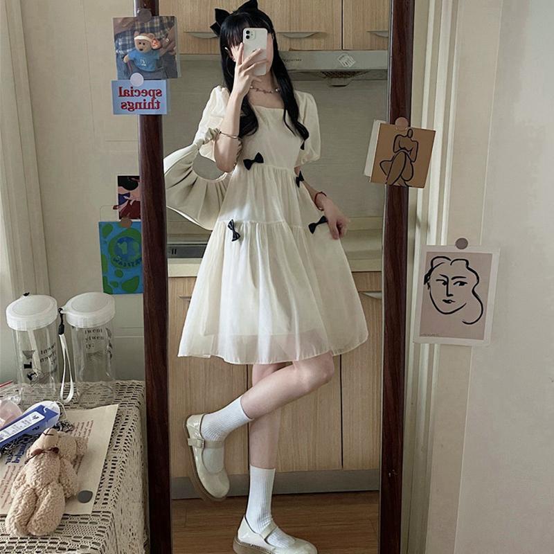 First Love Skirt Retro Gentle Wind Square Neck Puff Sleeves White Skirt Female Summer Student Tea Break French Bellflower Dress