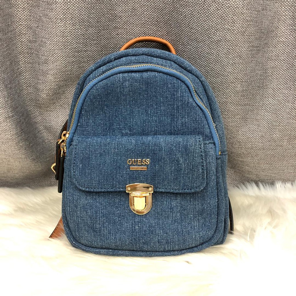 Leeza Logo Print Denim Backpack Guess Ca Denim Backpack Backpacks Printed Denim