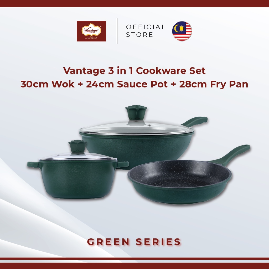 Vantage 3 in 1 Cookware Set(Green Series)(24cm Pot, 30cm Wok, 28cm Pan