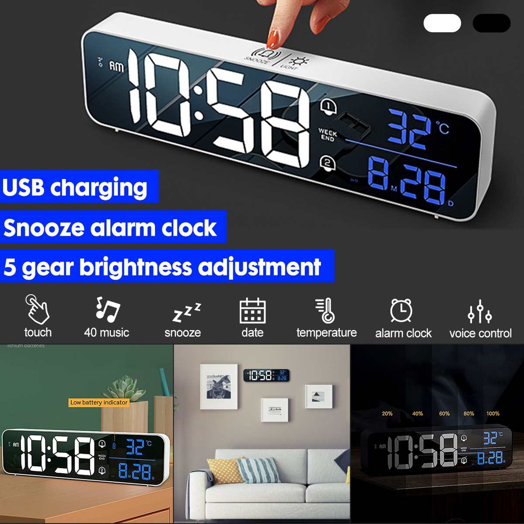Voice Control Electronic Desktop Clock with Temperature Display Office Bedroom Snooze Living Room Dual Alarm Clock with USB Charger Digital Alarm Clock Adjustable Brightness for Home 