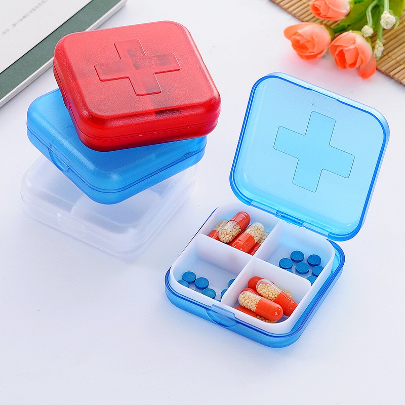 Portable Medical Medicine Drug Outdoor Travel Pill Box Pillbox Mini 4 Slot Plastic Capsules Cross Case